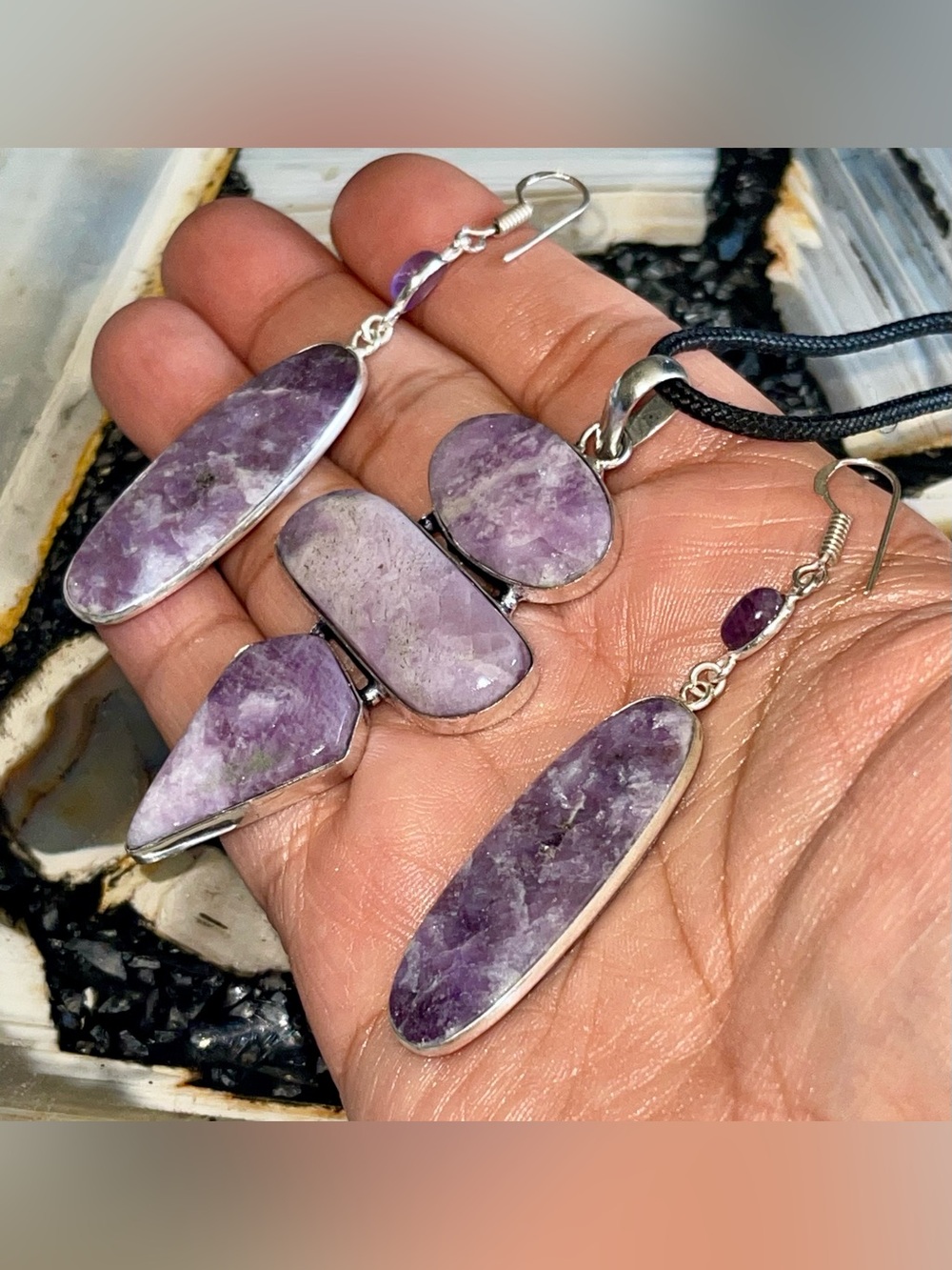 The Jumpstart Stone” Purple Lepidolite Crystal Pendant & Earrings
